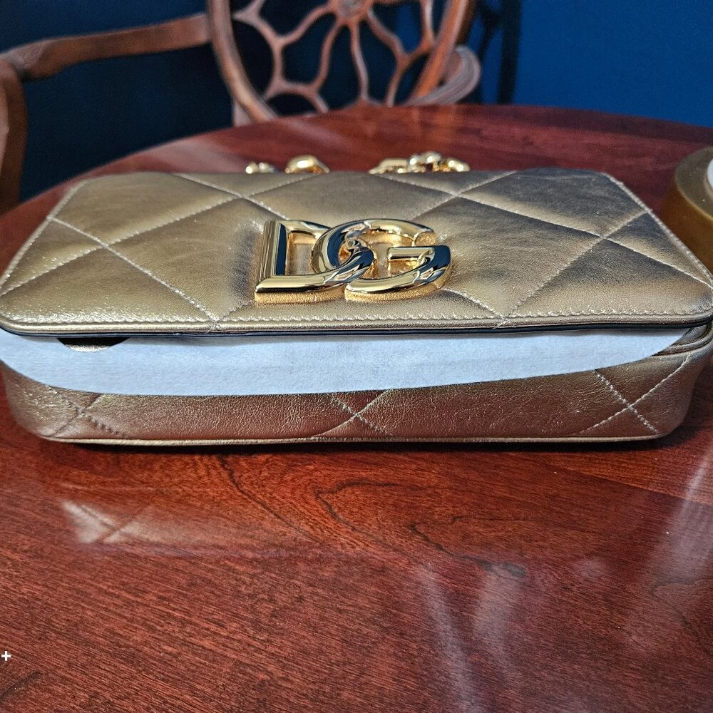 AUTH DOLCE & GABBANA METALLIC GOLD QUILTED LEATHER CHAIN SHOULDER BAG HANDBAG - Picture 9 of 16